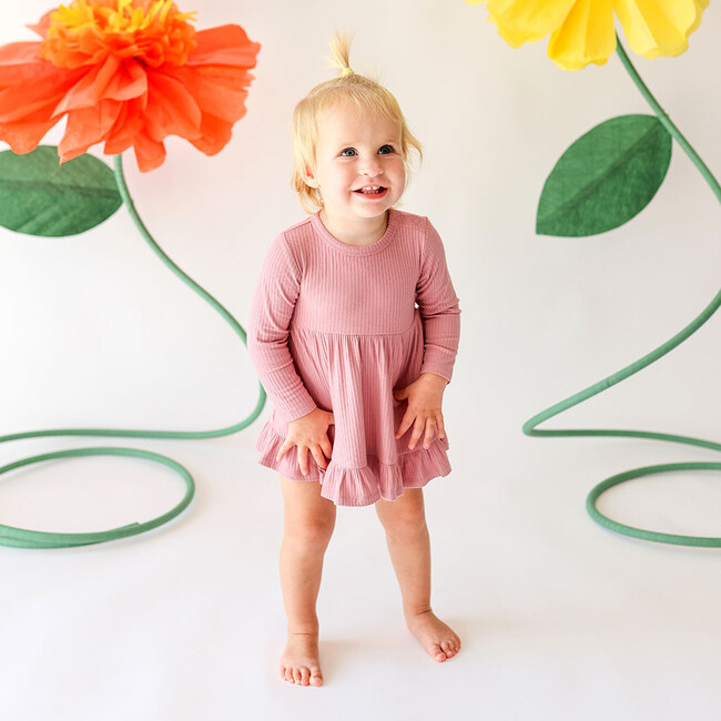 Solid Ribbed Long Sleeve Ruffled Bodysuit Dress, Dusty Rose - Dresses - 3