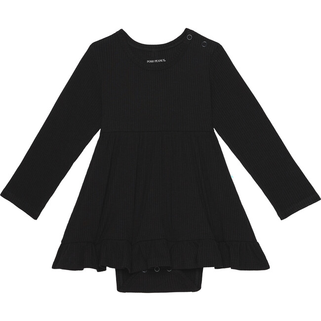 Solid Ribbed Long Sleeve Ruffled Bodysuit Dress, Black