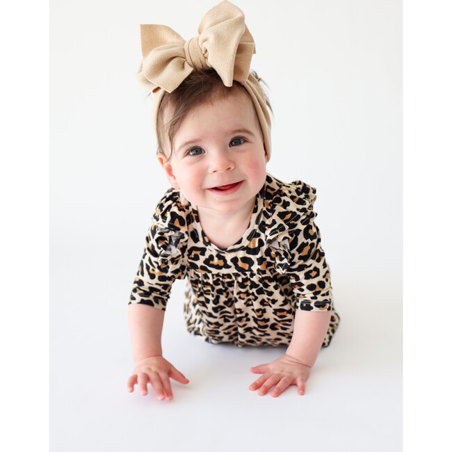 Lana Leopard Three-Fourth Sleeve Flutter Dress & Bloomer Set, Beige
