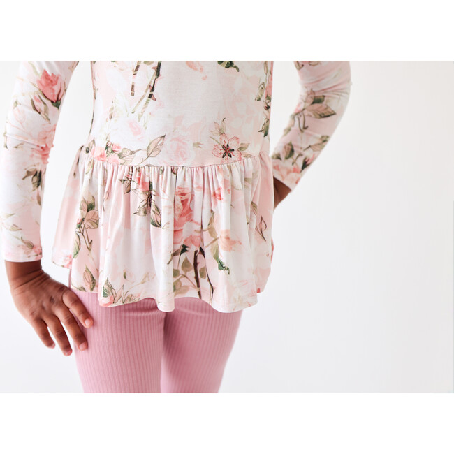 Vintage Long Sleeve Basic Peplum Top, Pink Rose - Shirts - 3