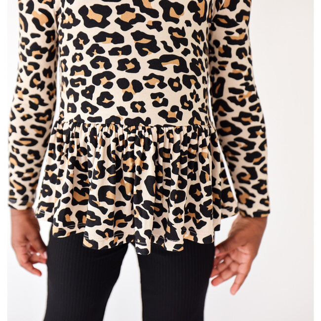 Lana Leopard Long Sleeve Basic Peplum Top, Beige - Shirts - 4