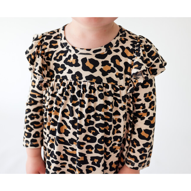 Lana Leopard Three-Fourth Sleeve Flutter Dress, Beige - Dresses - 3