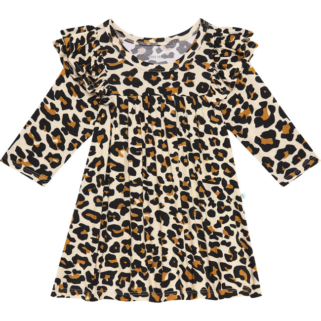 Lana Leopard Three-Fourth Sleeve Flutter Dress, Beige - Dresses - 6