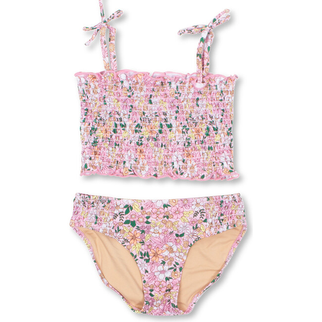 Two Piece Smocked Bikini, Pink Ditsy Floral - Two Pieces - 1