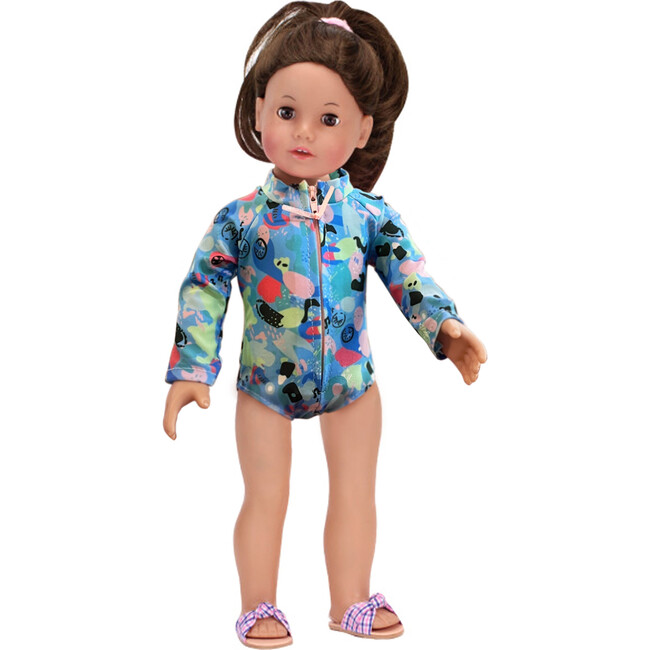 Colorful Collage Print Long Sleeve Rash Guard Swimsuit for 18" Dolls, Blue - Doll Accessories - 1