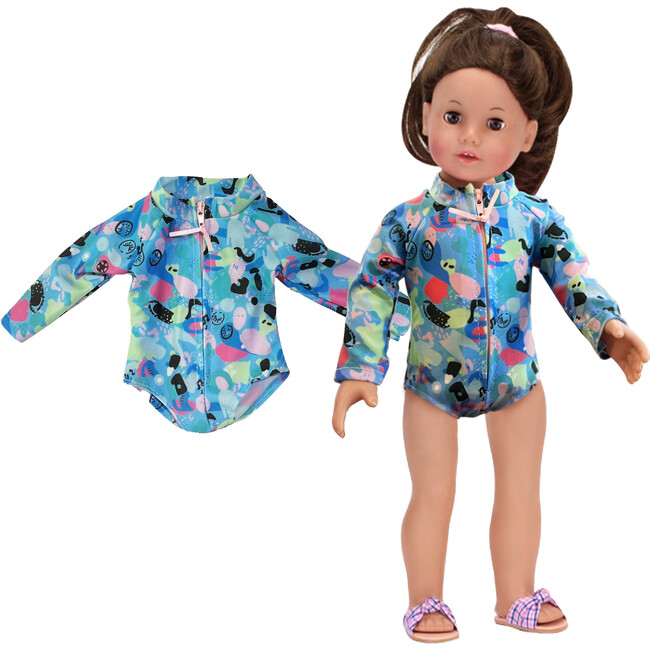 Colorful Collage Print Long Sleeve Rash Guard Swimsuit for 18" Dolls, Blue - Doll Accessories - 3