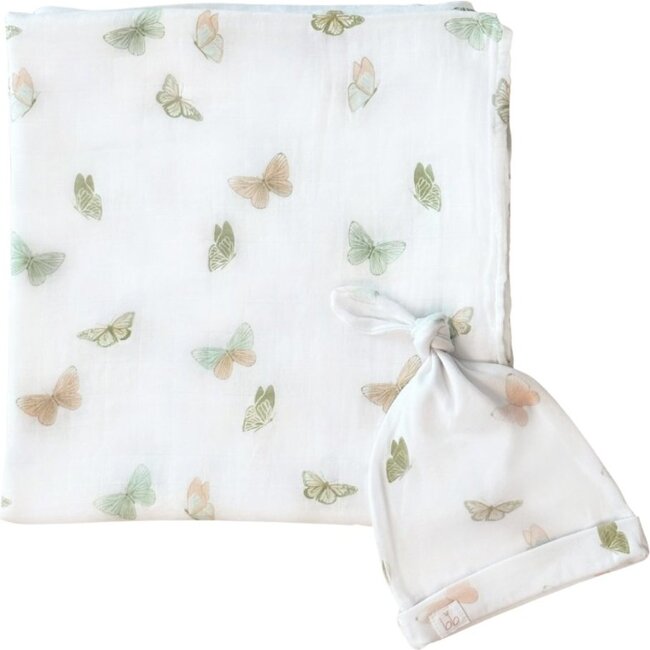 Bamboo Muslin Swaddle Blanket & Topknot Set, Butterflies - Swaddles - 1