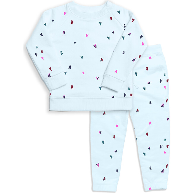 The Organic Jeweled Hearts Printed Pullover And Sweatpant Set, Ice Blue