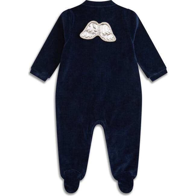 Velour Silver Angel Wing Sleepsuit, Navy - Rompers - 2