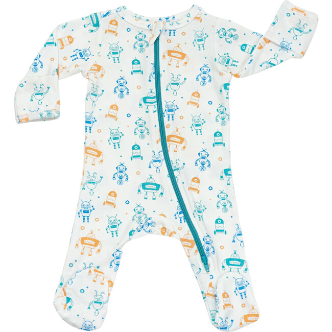 Footed Onesie, Blue and Green, Robots