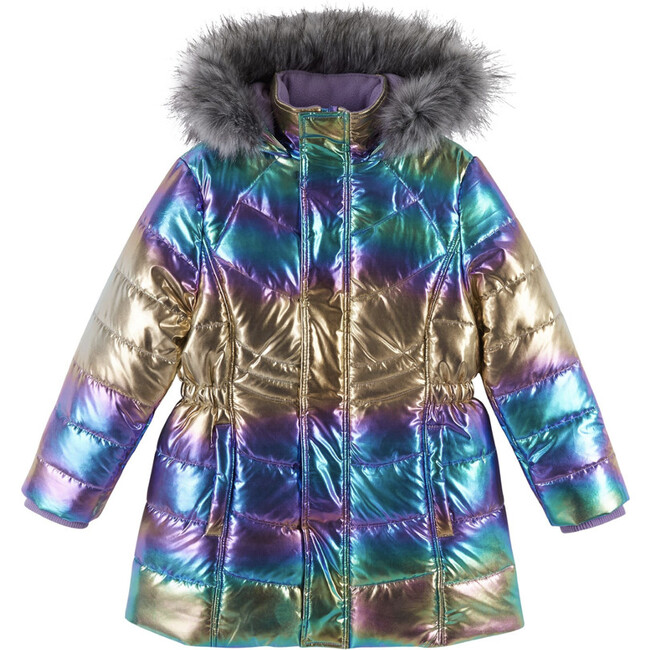 Faux Fur Full Sleeve Hood Bubble Parka, Metallic Purple and Multicolors