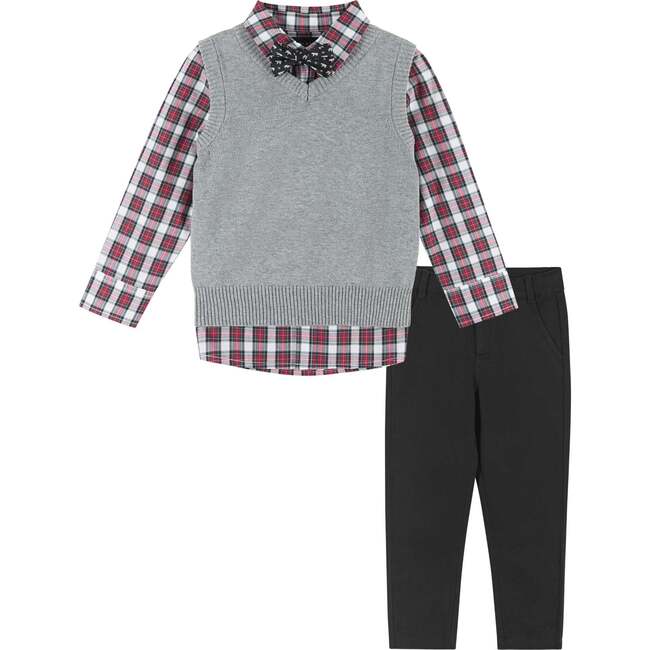 Holiday Checked Full Sleeve 4-Piece Sweater Set, Grey
