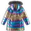 Faux Fur Full Sleeve Hood Bubble Parka, Metallic Purple and Multicolors - Coats - 2