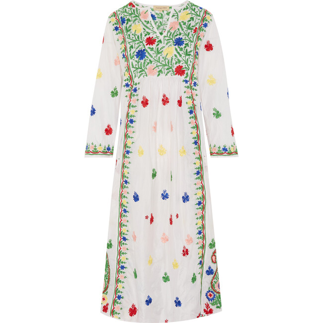Women's Silk Embroidered Dress, White with Multi