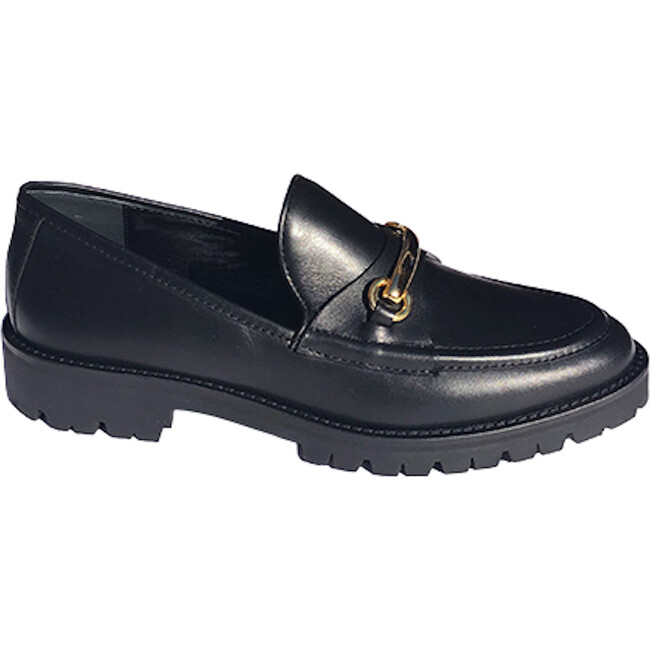 Women's Lug Sole Loafer With Brass Bar, Black