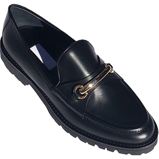 Women's Lug Sole Loafer With Brass Bar, Black - Loafers - 2