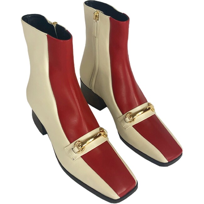 Women's Bi-Tone Square Toe Welt Sole Boot, Cream And Red - Boots - 5