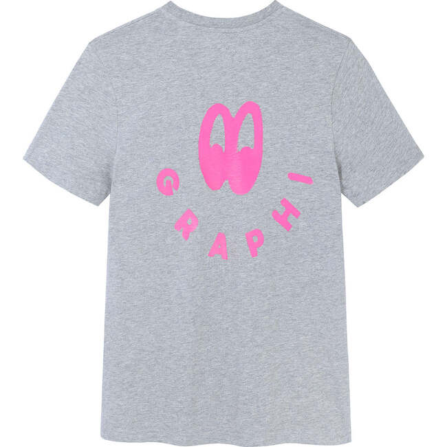 Elin Wide-Eyed Smile Tee, Grey Marl And Fluro Pink