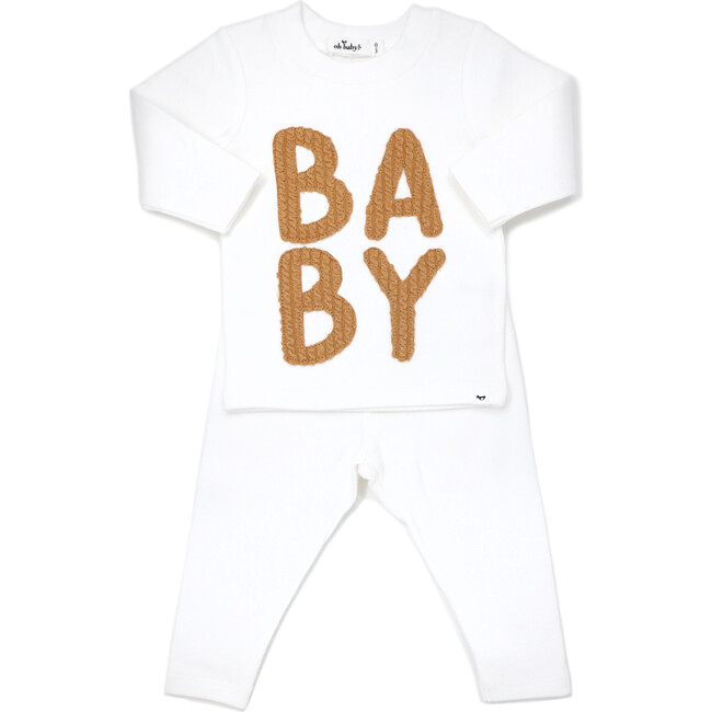 Stacked 'BABY' Knit Cable Two-Piece Set, Cream And Latte