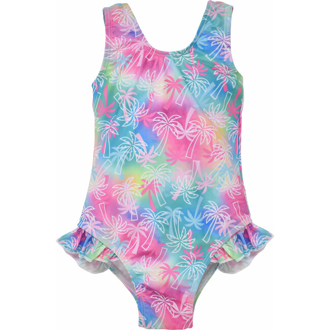 UPF 50+ Delaney Hip Ruffle Swimsuit, Pink Tropical Palms