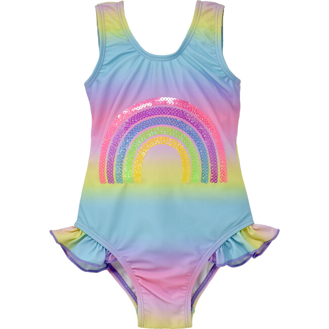 UPF 50+ Simone Sequin Hip Ruffle Swimsuit, Sequin Rainbow