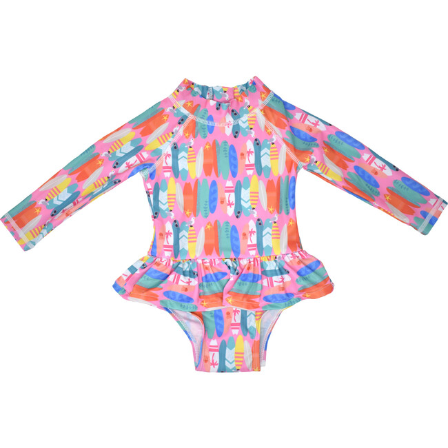 UPF 50+ Alissa Infant Ruffle Rash Guard Swimsuit, Pink Beach Boards