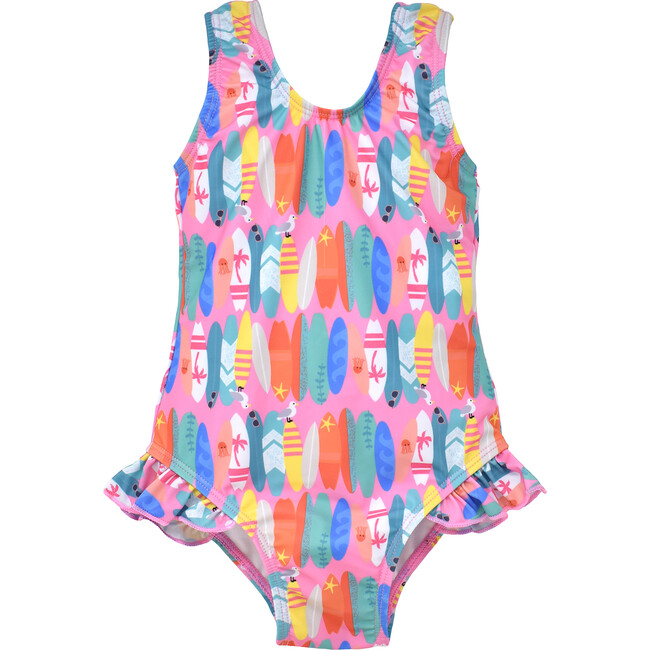 UPF 50+ Delaney Hip Ruffle Swimsuit, Pink Beach Boards