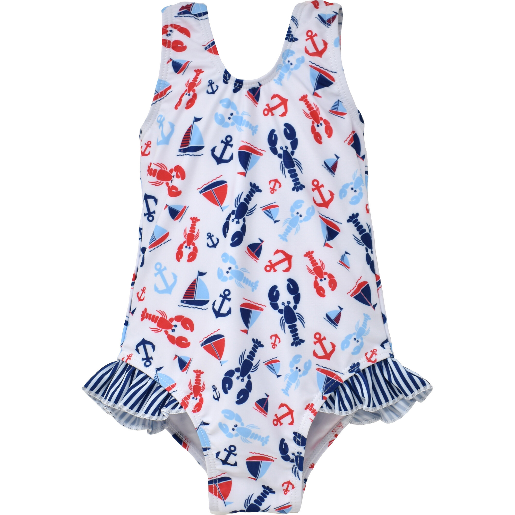 UPF 50+ Delaney Hip Ruffle Swimsuit, Sunday Sails - One Pieces - 1