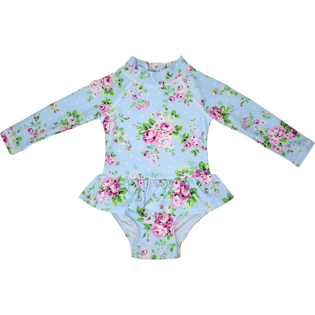 UPF 50+ Alissa Infant Ruffle Rash Guard Swimsuit, Blue Country Floral
