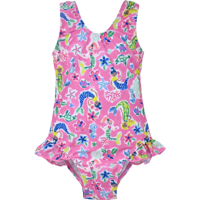 UPF 50+ Delaney Hip Ruffle Swimsuit, Mystic Mermaids