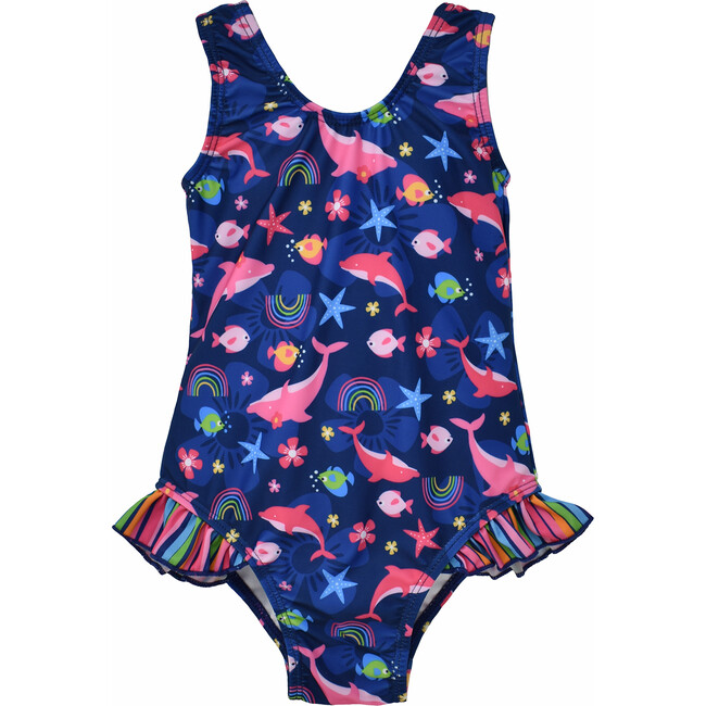 UPF 50+ Delaney Hip Ruffle Swimsuit, Dolphin Daydream