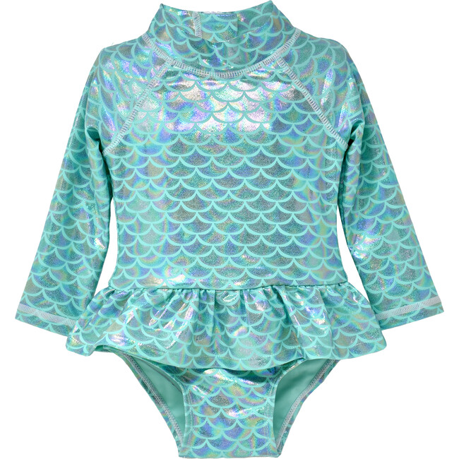 UPF 50+ Alissa Infant Ruffle Rash Guard Swimsuit, Fairy Tale Scales
