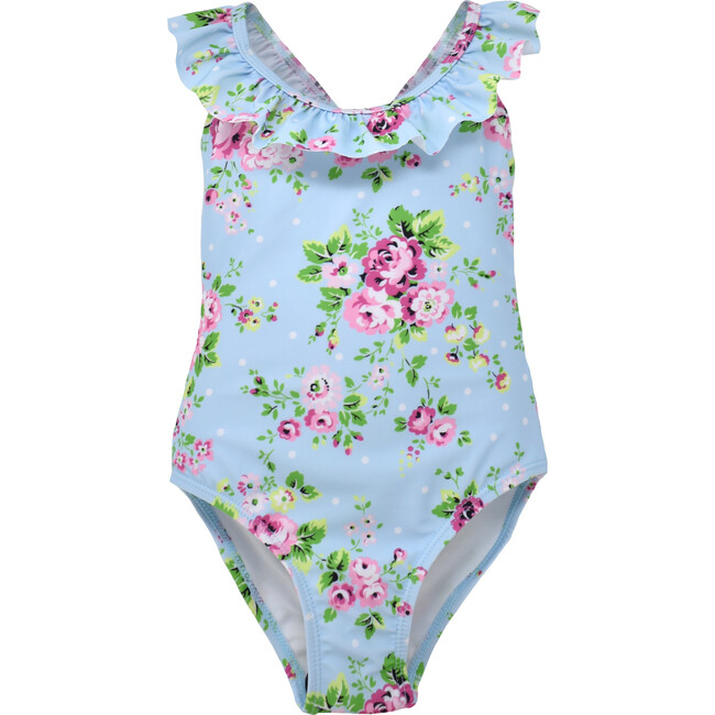 UPF 50+ Mindy Crossback Swimsuit, Blue Country Floral