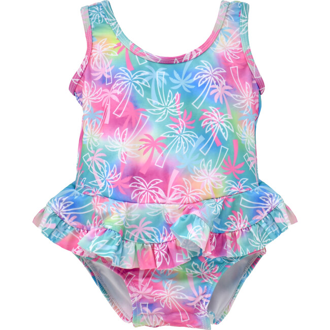 UPF 50+ Stella Infant Ruffle Swimsuit, Pink Tropical Palms