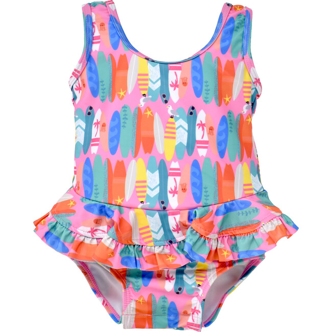 UPF 50+ Stella Infant Ruffle Swimsuit, Pink Beach Boards