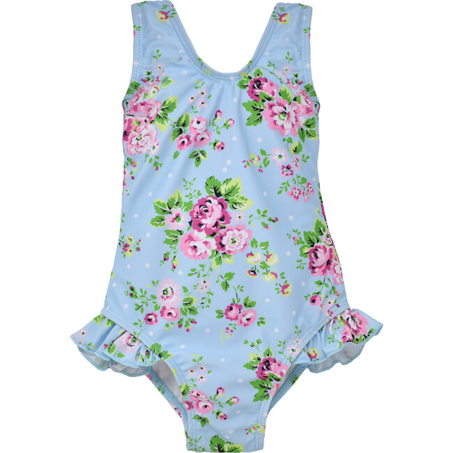 UPF 50+ Delaney Hip Ruffle Swimsuit, Blue Country Floral
