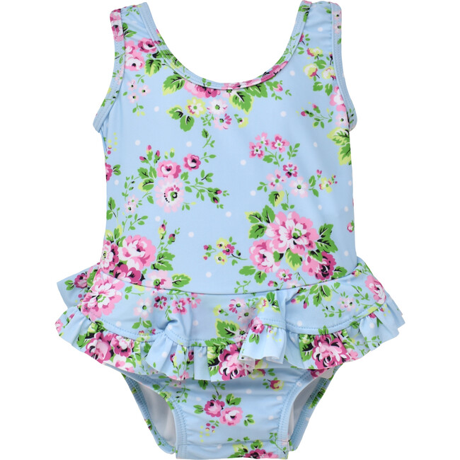 UPF 50+ Stella Infant Ruffle Swimsuit, Blue Country Floral