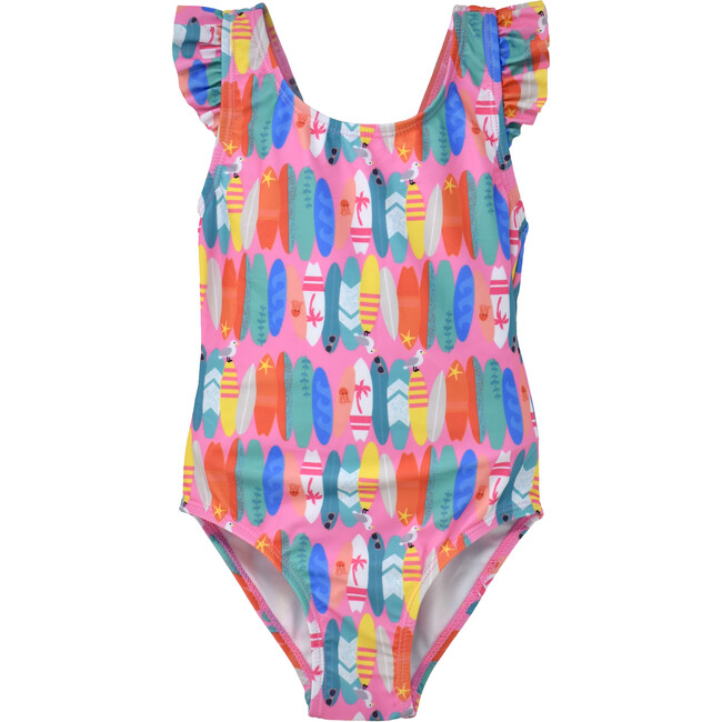 UPF 50+ Lili One-Piece Swimsuit With Ruffles And Bow, Pink Beach Boards