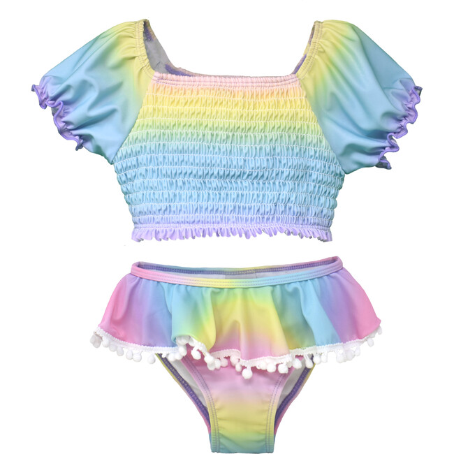 UPF 50+ Gemma Two-Piece Smocked Pom-Pom Swimsuit, Rainbow Ombre
