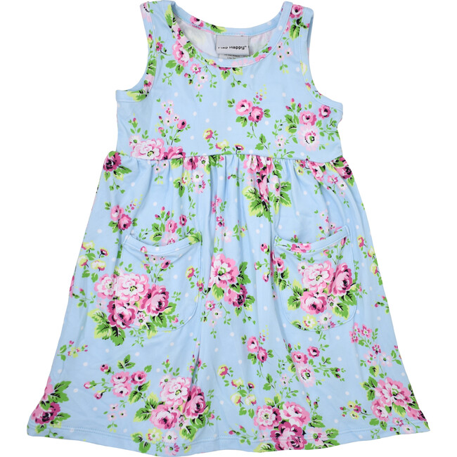 UPF 50+ Dahlia Sleeveless Tee Dress With Pockets, Blue Country Floral