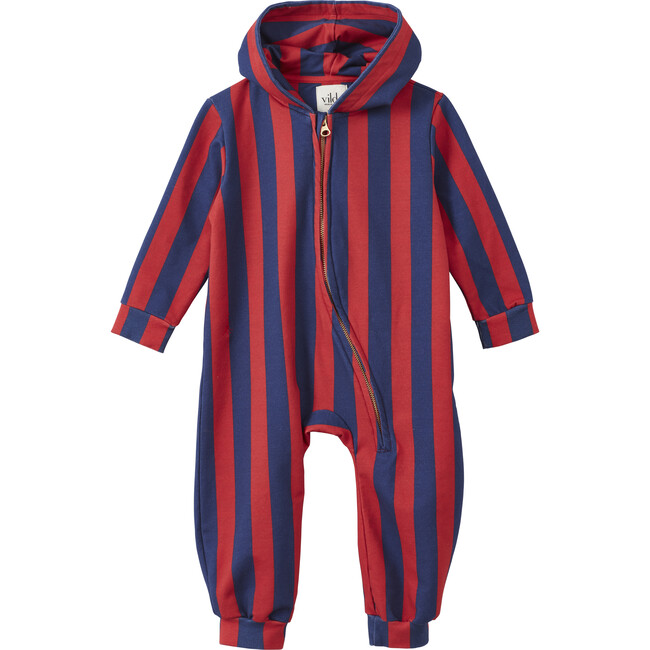 Striped Organic Cotton Jumpsuit, Red/Blue Stripe - Rompers - 1
