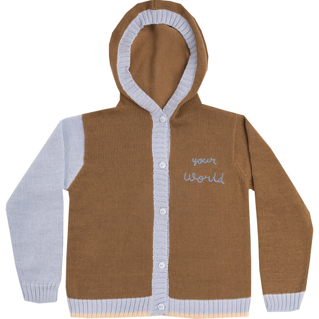 Embroidered Cardigan Sweater with Hoodie "The World is your World", Light Brown