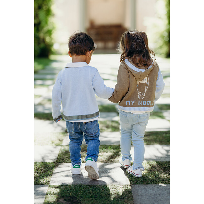 Embroidered Cardigan Sweater with Hoodie "The World is your World", Light Brown - Sweaters - 3