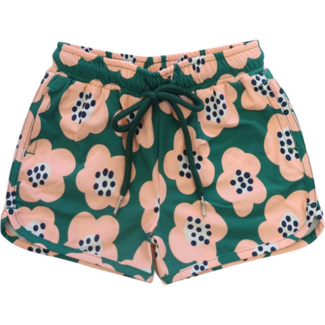Poppy Drawstring Swim Trunks, Green And Peach - Swim Trunks - 1