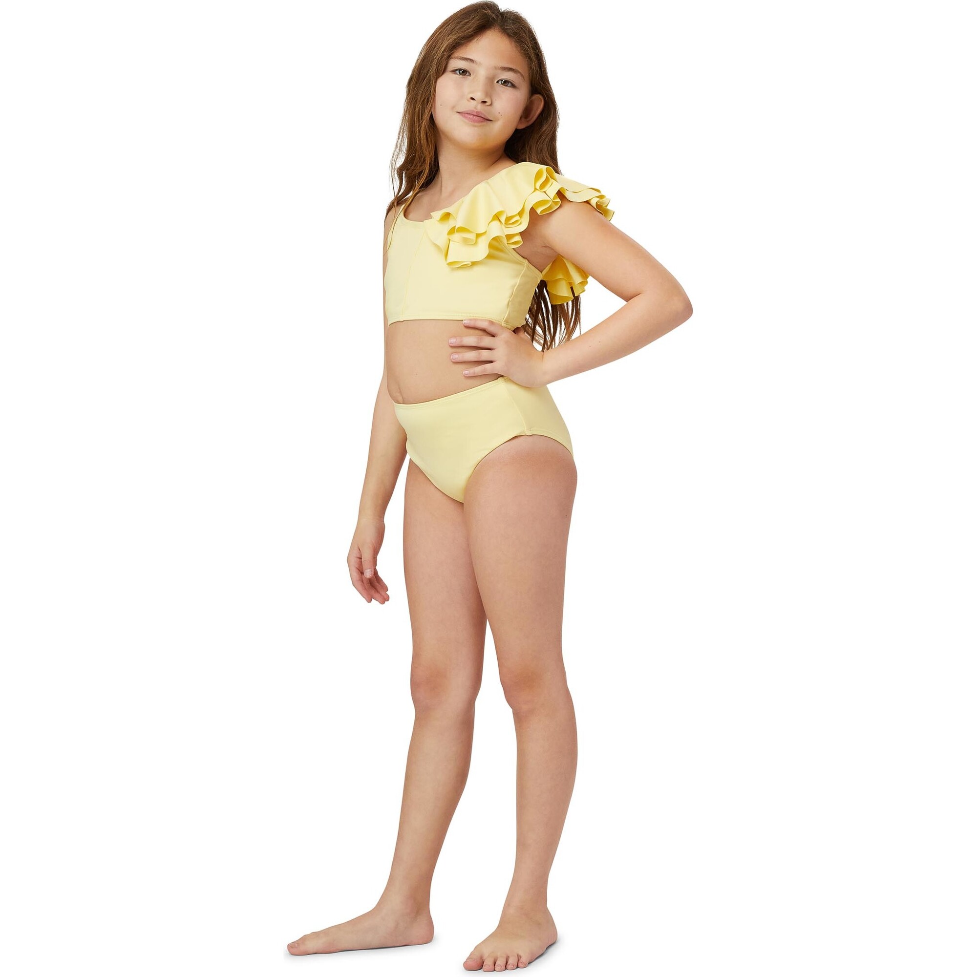 HABITUAL KIDS GIRL YELLOW SOLID RUFFLE TWO PIECE TANKINI SWIMSUIT SET  SWIMWEAR