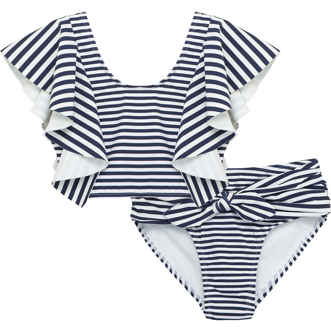 Flutter Nautical-Striped Two-Piece Swimsuit, Blue