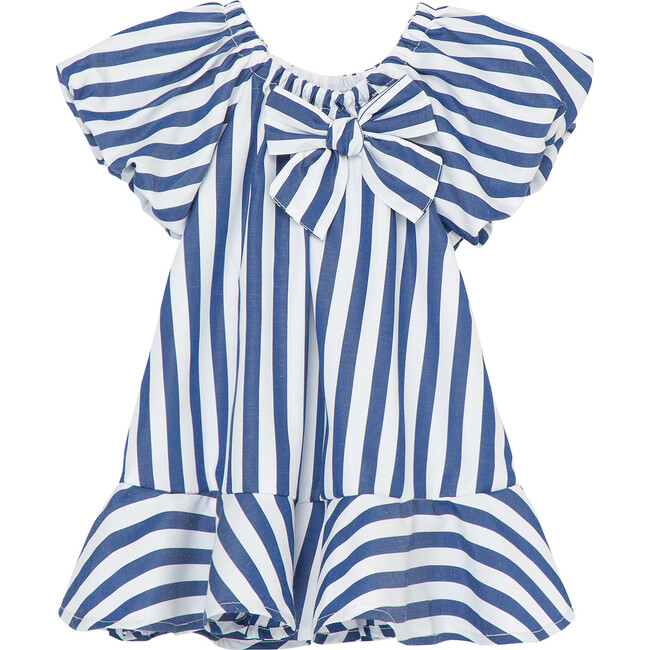 Bubble Sleeve Nautical-Striped Dress, Blue