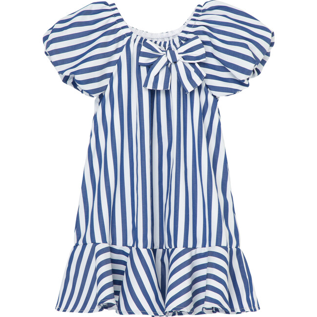 Bubble Sleeve Nautical-Striped Dress With Tacked Bow, Blue - Dresses - 1
