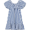 Bubble Sleeve Nautical-Striped Dress With Tacked Bow, Blue - Dresses - 1 - thumbnail