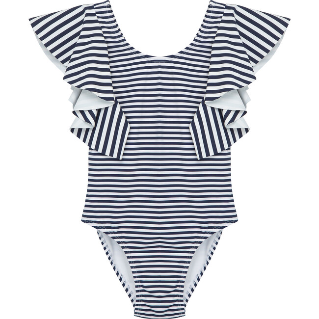 Flutter Nautical-Striped One-Piece Swimsuit, Blue